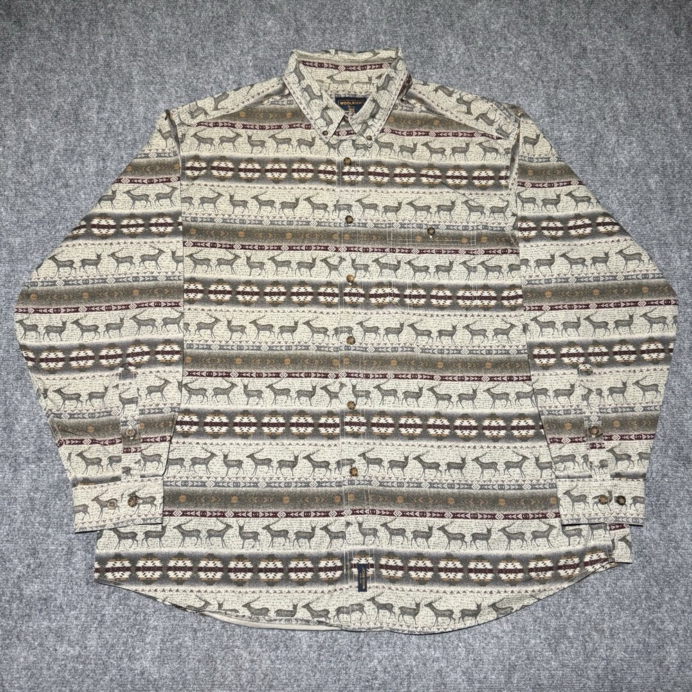 Woolrich Long Sleeve Deer Print Button Down Shirt Men 2XL‎ XXL Southwestern VTG